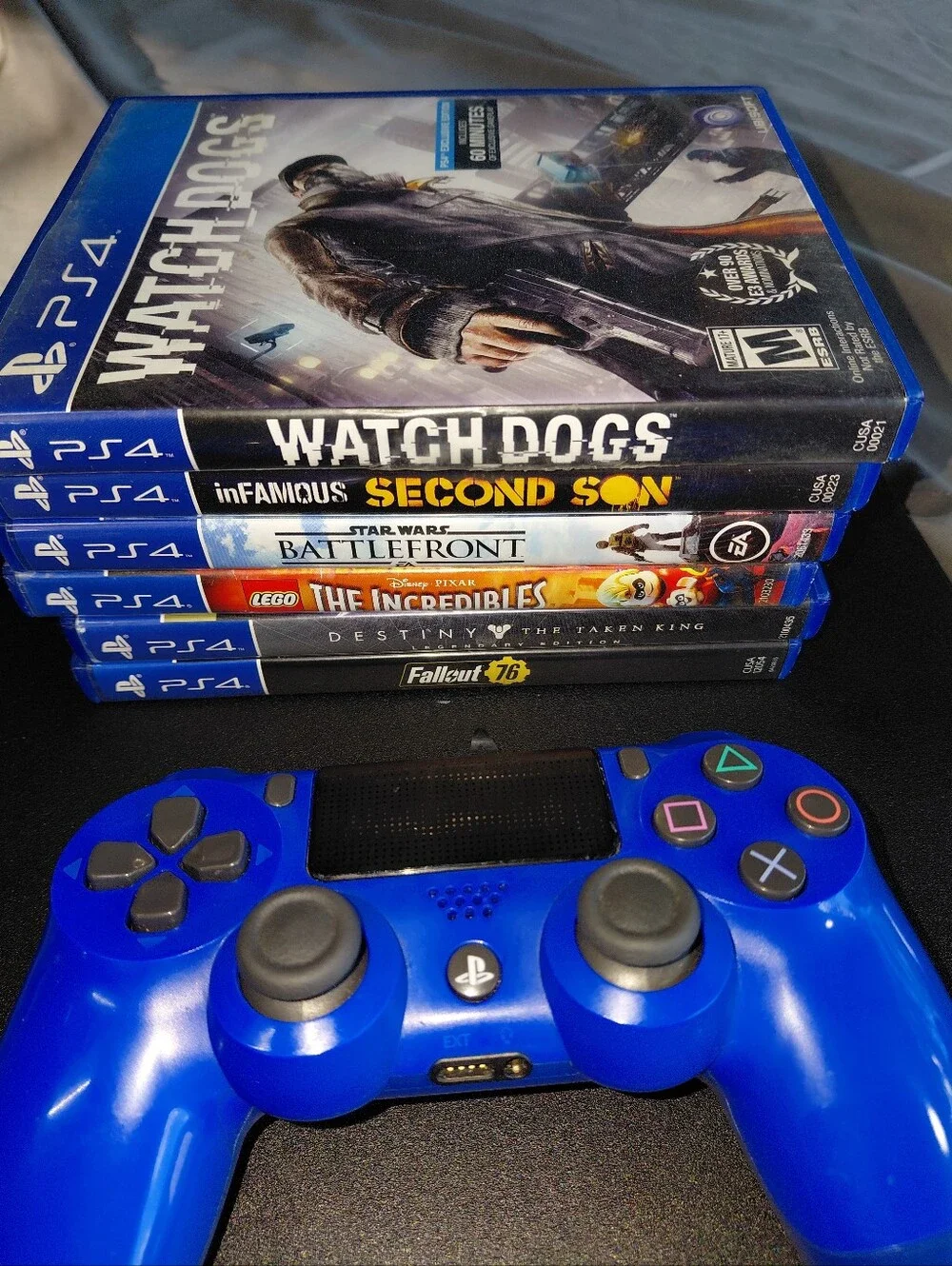 Sony PS4 Slim in Black with Bright Blue DualShock Controller and Game Bundle